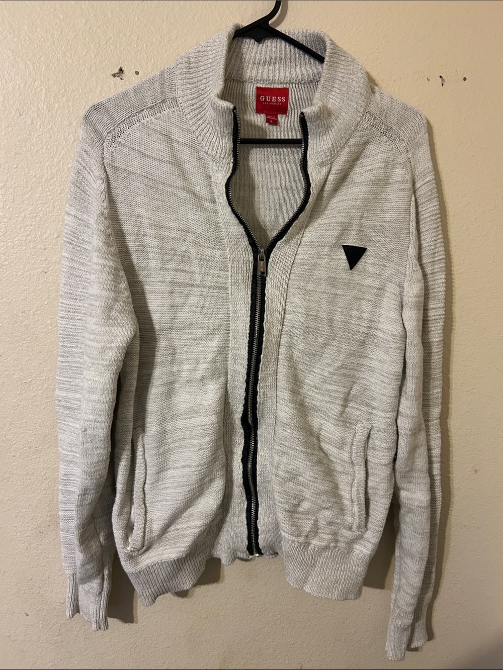 GUESS Men's Light Gray Zip-Up Knit Jacket with Black Trim